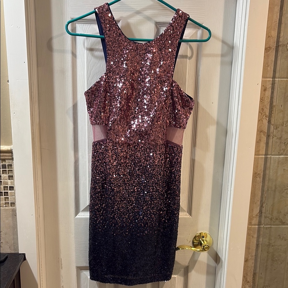 Macy's Pink and Blue Sequin Halter Mini Dress